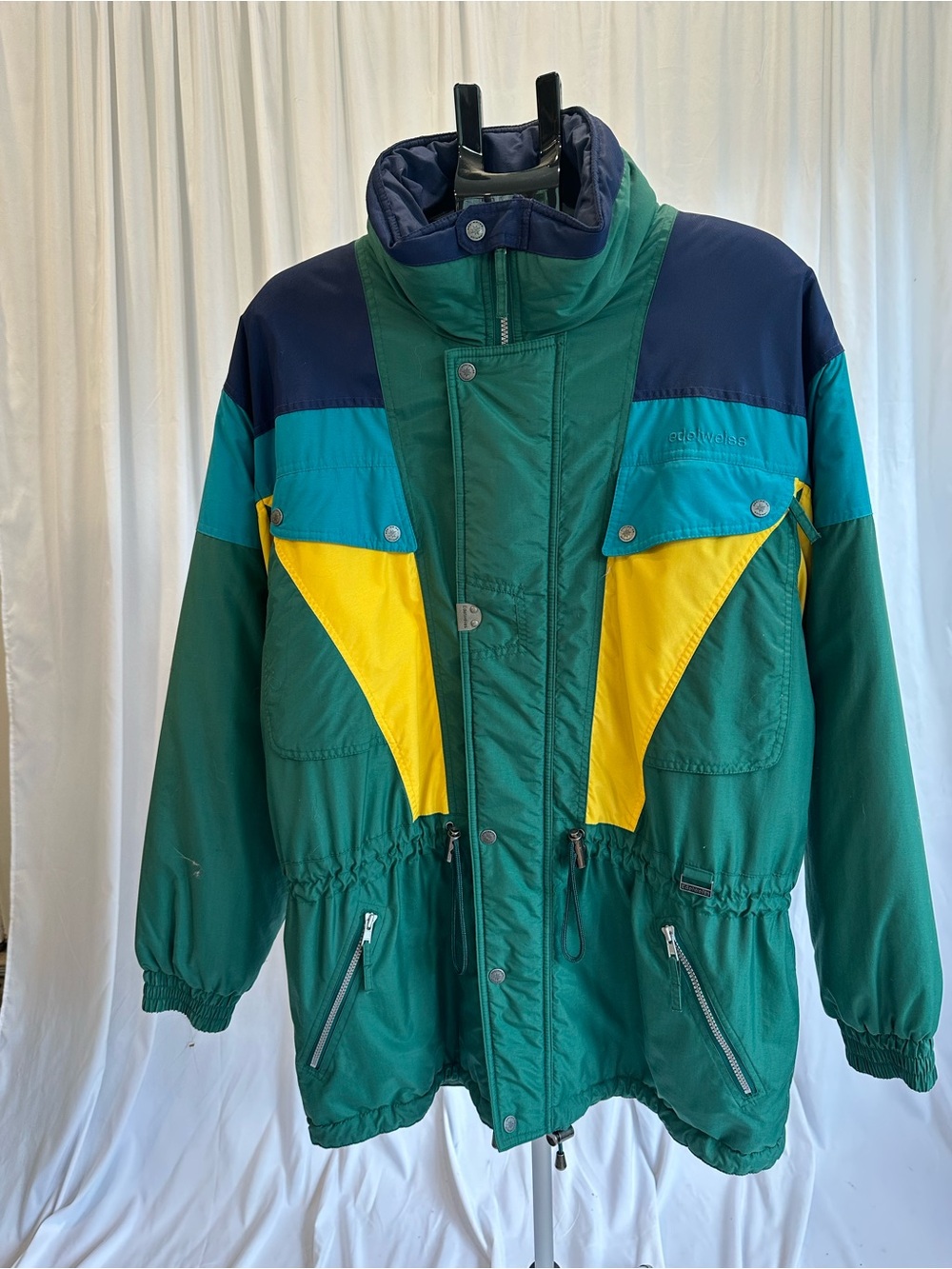 Men's 1990s Vintage Edelweiss Colorblock Ski Jacket - Green/Yellow/Teal/Navy